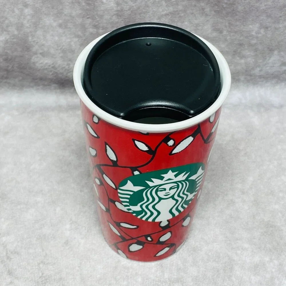 Starbucks 12 fl oz Red Holiday Tumbler Christmas Lights  2016 Green Mermaid Logo